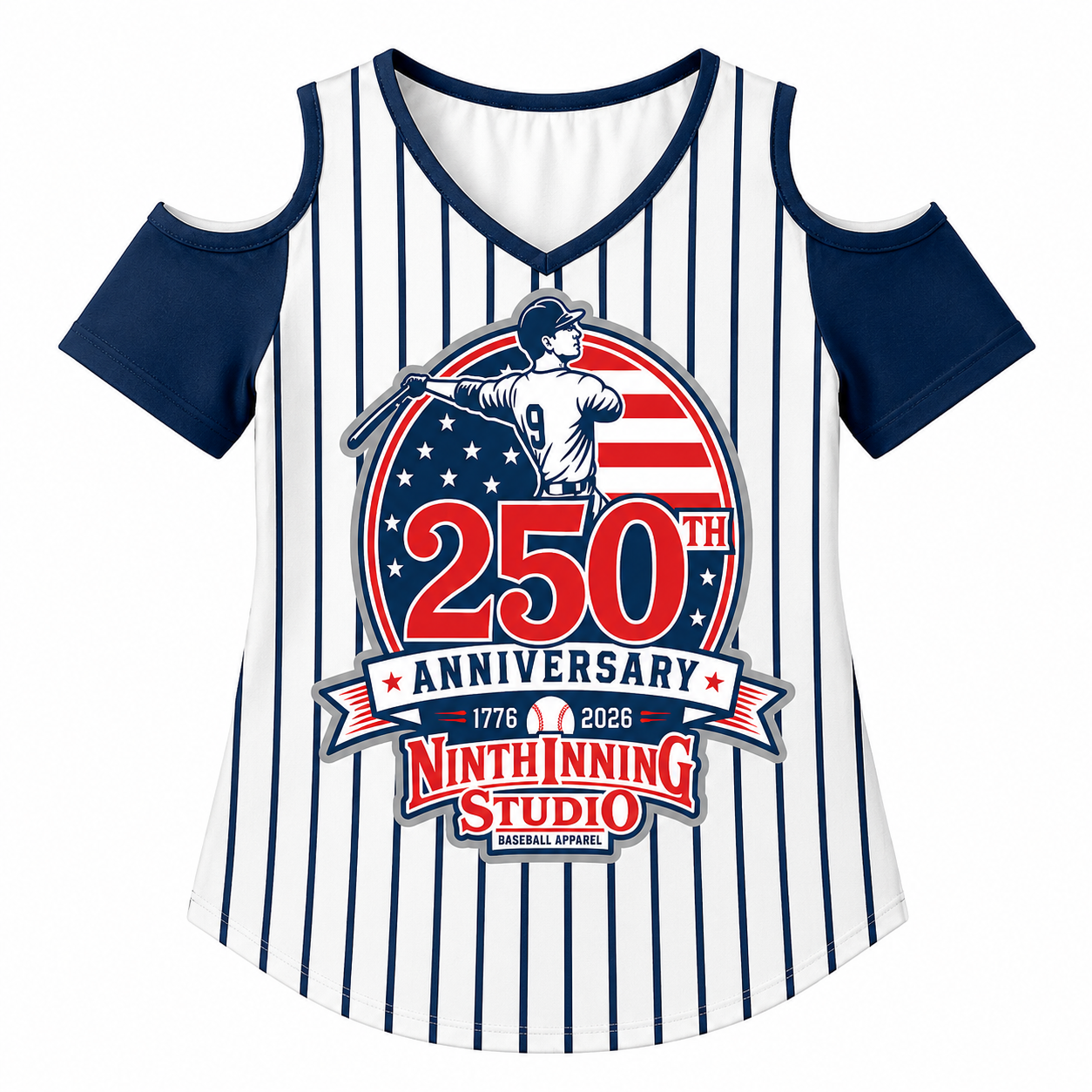 250th Anniversary Batter Pinstripes Women's V-Neck Cold Shoulder