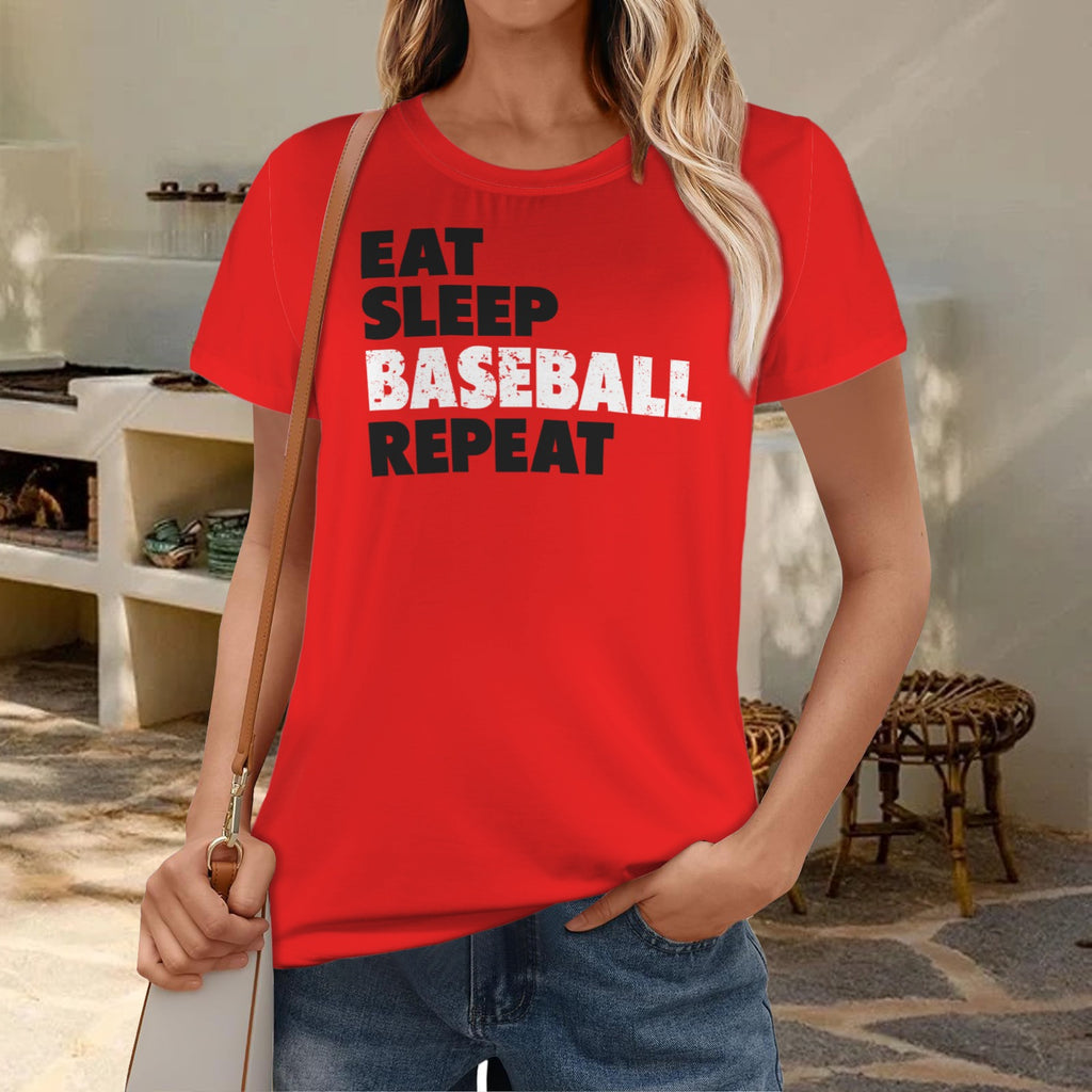 Ninth Inning Studio Eat Sleep Baseball Women's Crewneck Tee-Red