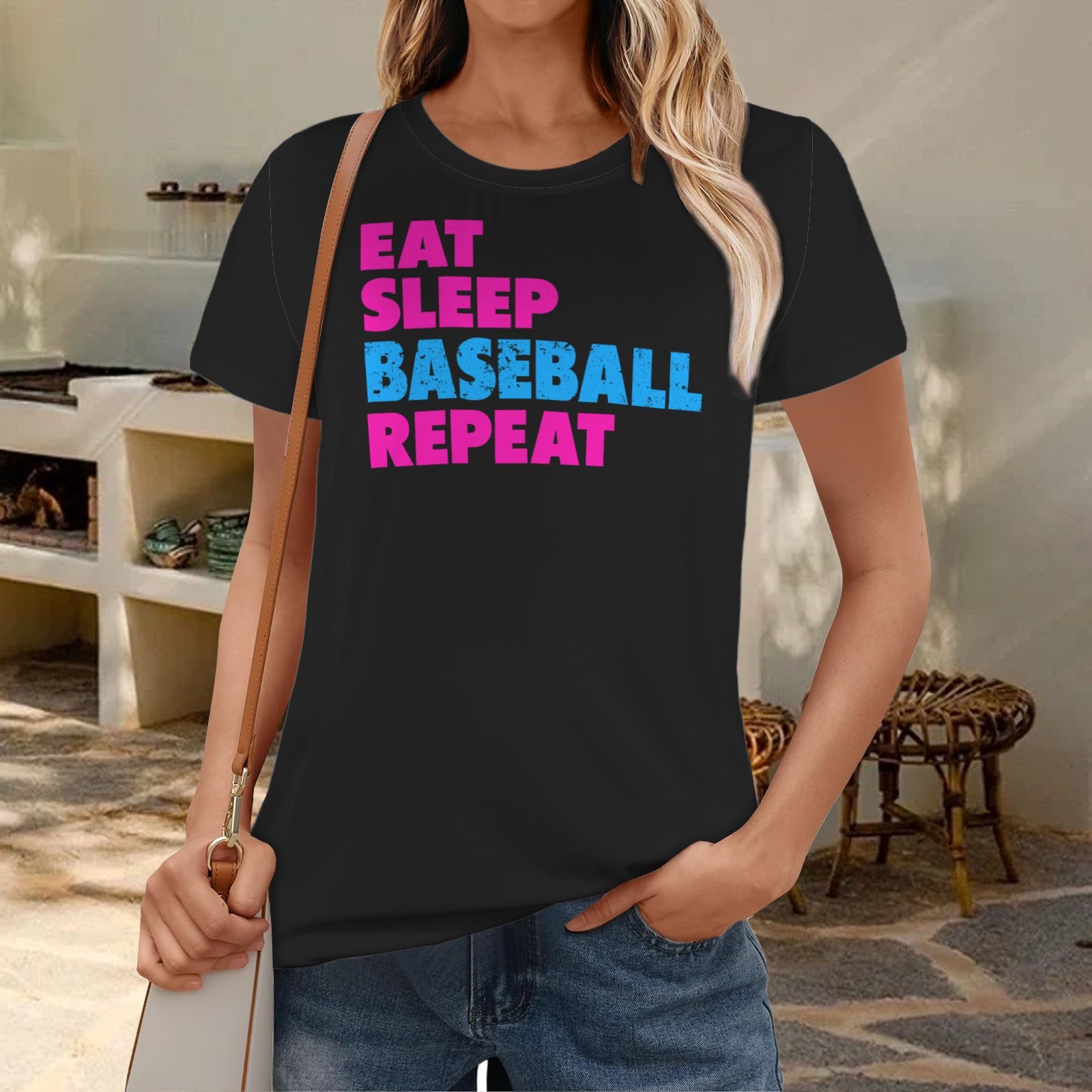Ninth Inning Studio Eat Sleep Baseball Women's Crewneck Tee- Black