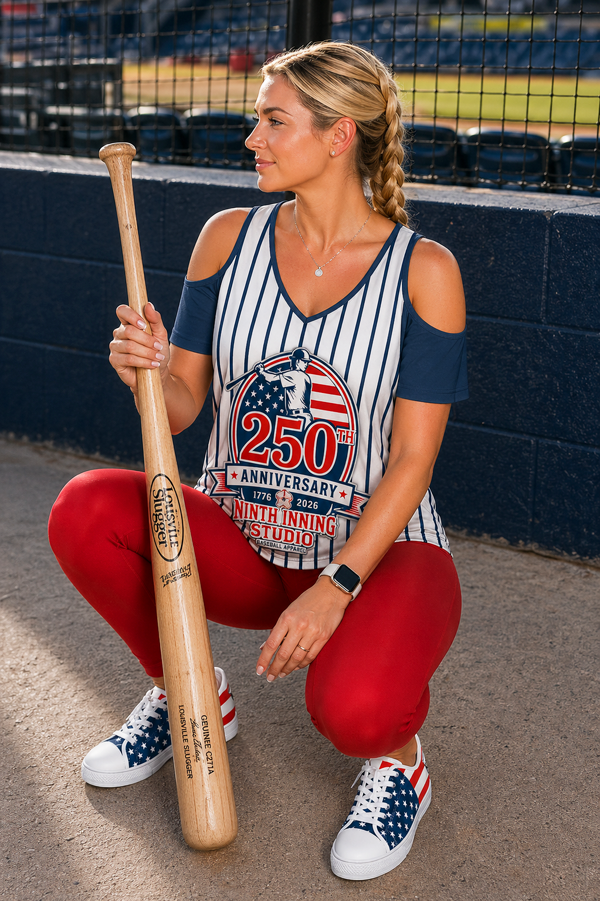 Ninth Inning Studio 250th Anniversary-Batter Pinstripes V-Neck Cold Shoulder Tee