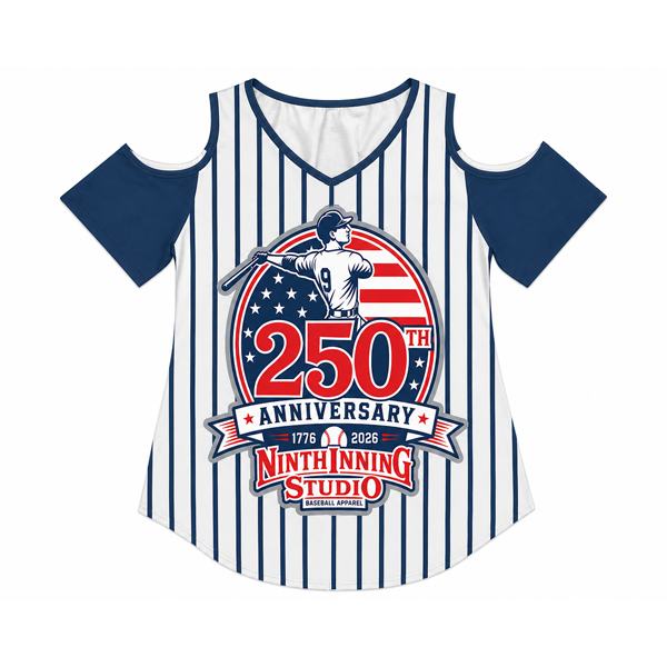 Ninth Inning Studio 250th Anniversary-Batter Pinstripes V-Neck Cold Shoulder Tee