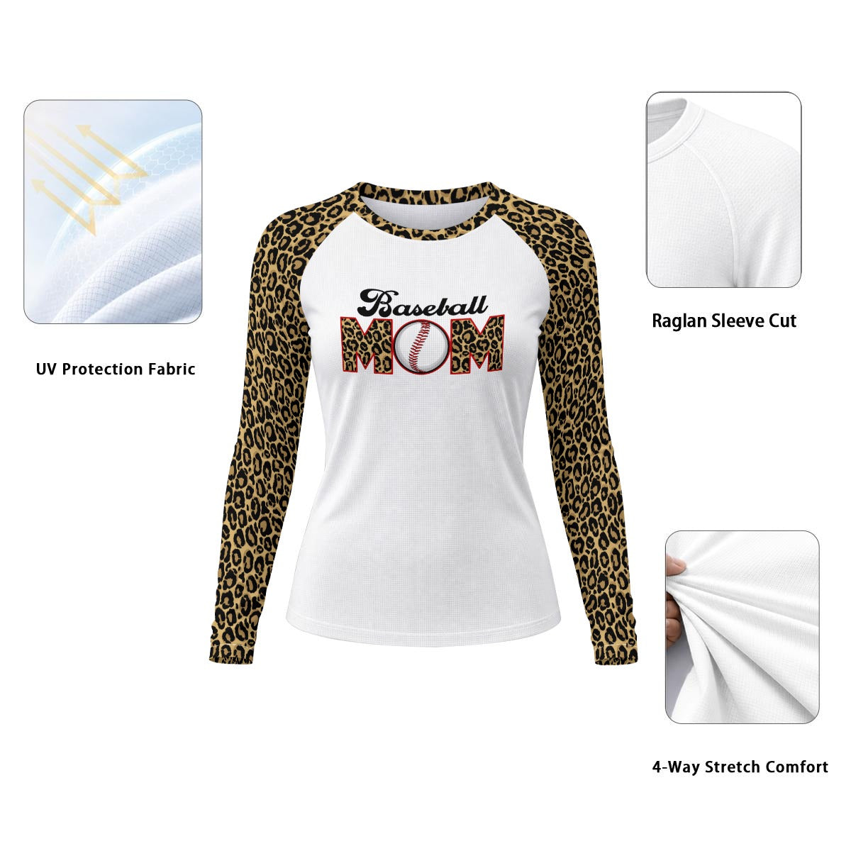 Ninth Inning Studio Women's Baseball Mom UPF Leopard Print Raglan Long Sleeve-Tan