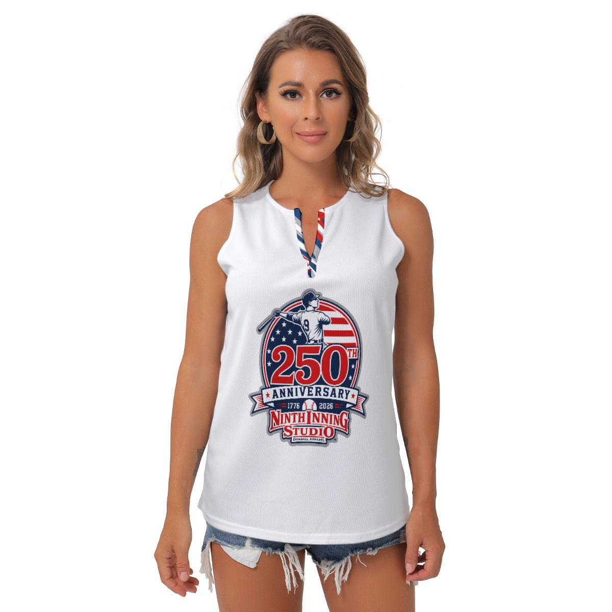 Ninth Inning Studio 250th Anniversary Women's Sleeveless V-Neck Top - White/Star Camo
