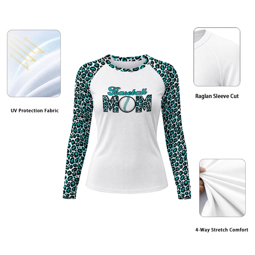 Ninth Inning Studio Women's Baseball Mom UPF Raglan Leopard Print Long Sleeve Tee-Teal