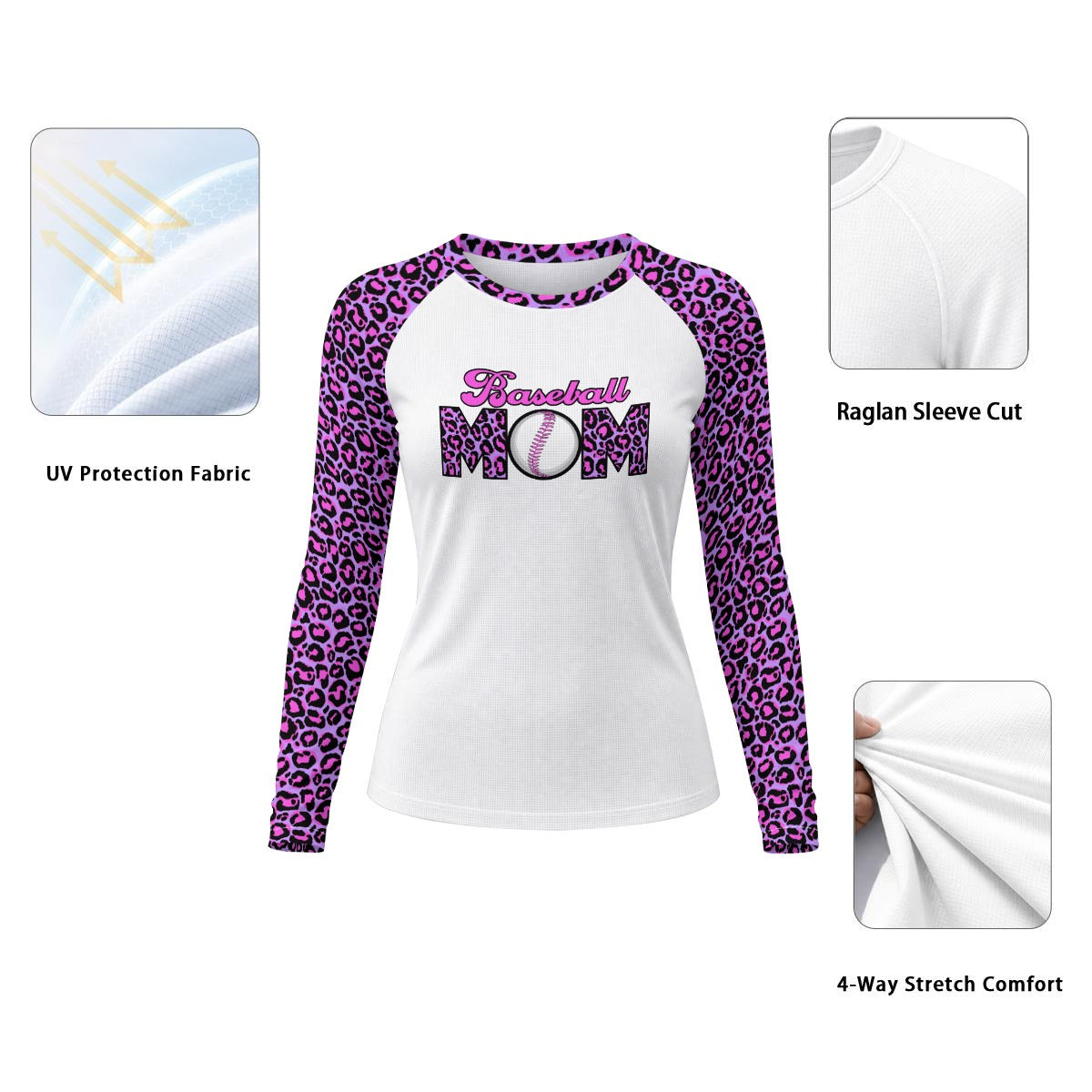 Ninth Inning Studio Women's Baseball Mom UPF Leopard Print Raglan Long Sleeve Tee-Pink