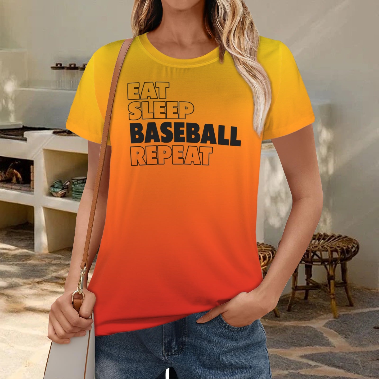 Ninth Inning Studio Eat Sleep Baseball Women's Crewneck Tee-Gradient/Sunset