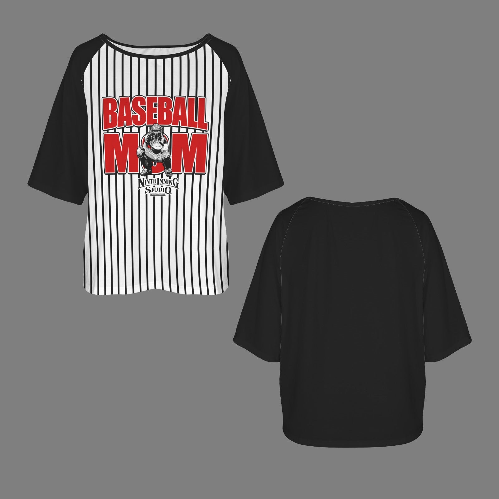 Ninth Inning Studio Baseball Mom Off the Shoulder Tee Black Pinstripes