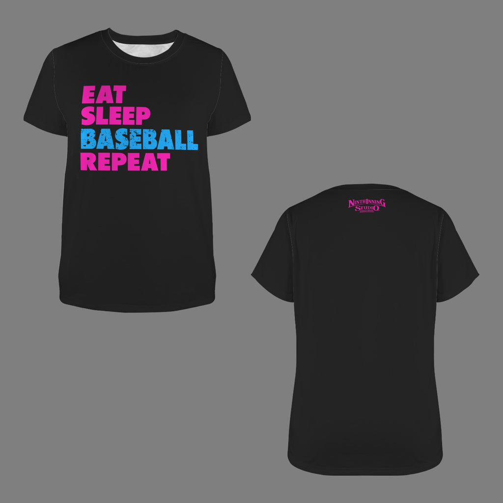 Ninth Inning Studio Eat Sleep Baseball Women's Crewneck Tee- Black