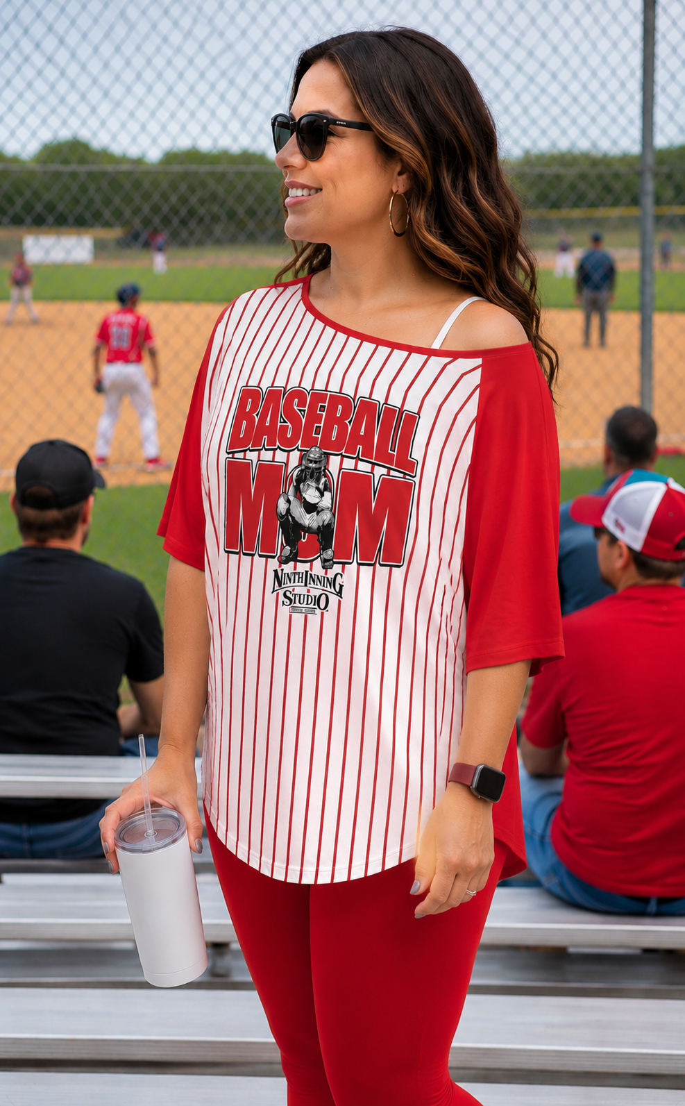 Ninth Inning Studio Baseball Mom-Catcher Women's Off the Shoulder Tee Red-Pinstripes