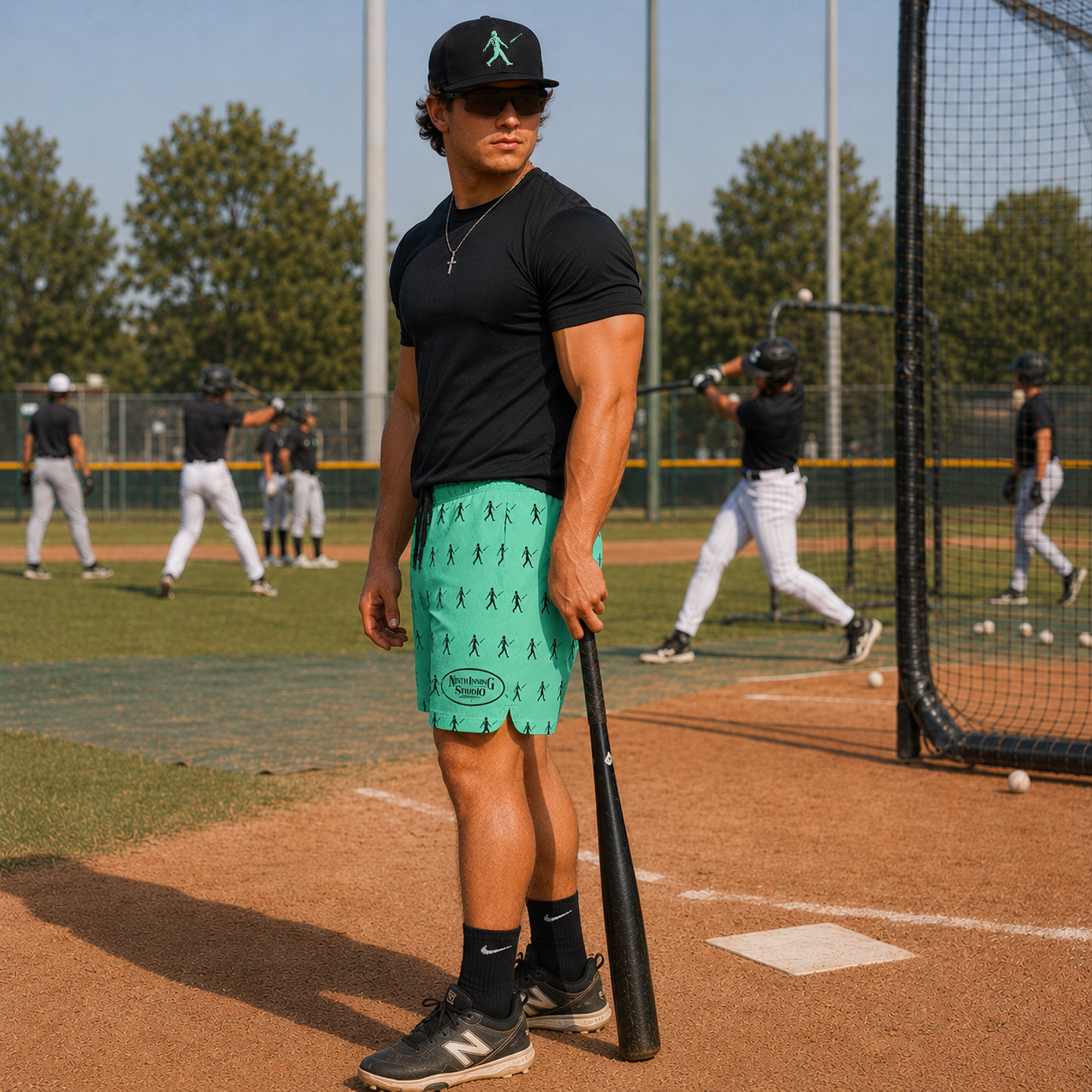 Ninth Inning Studio Bat Flip Kid Pattern Men's Baseball Shorts - Mint