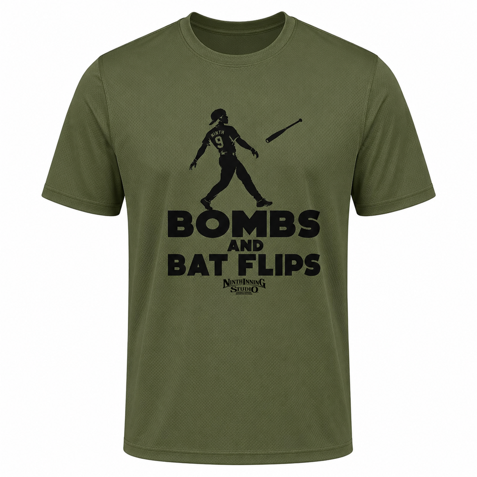 Ninth Inning Studio Bombs & Bat Flips Premium Performance Tee - Olive