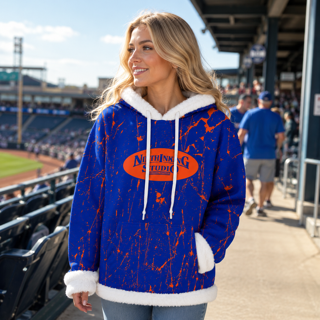 Ninth Inning Studio Blue/Orange Marble Women's Fleece Hoodie with Faux Fur Trim
