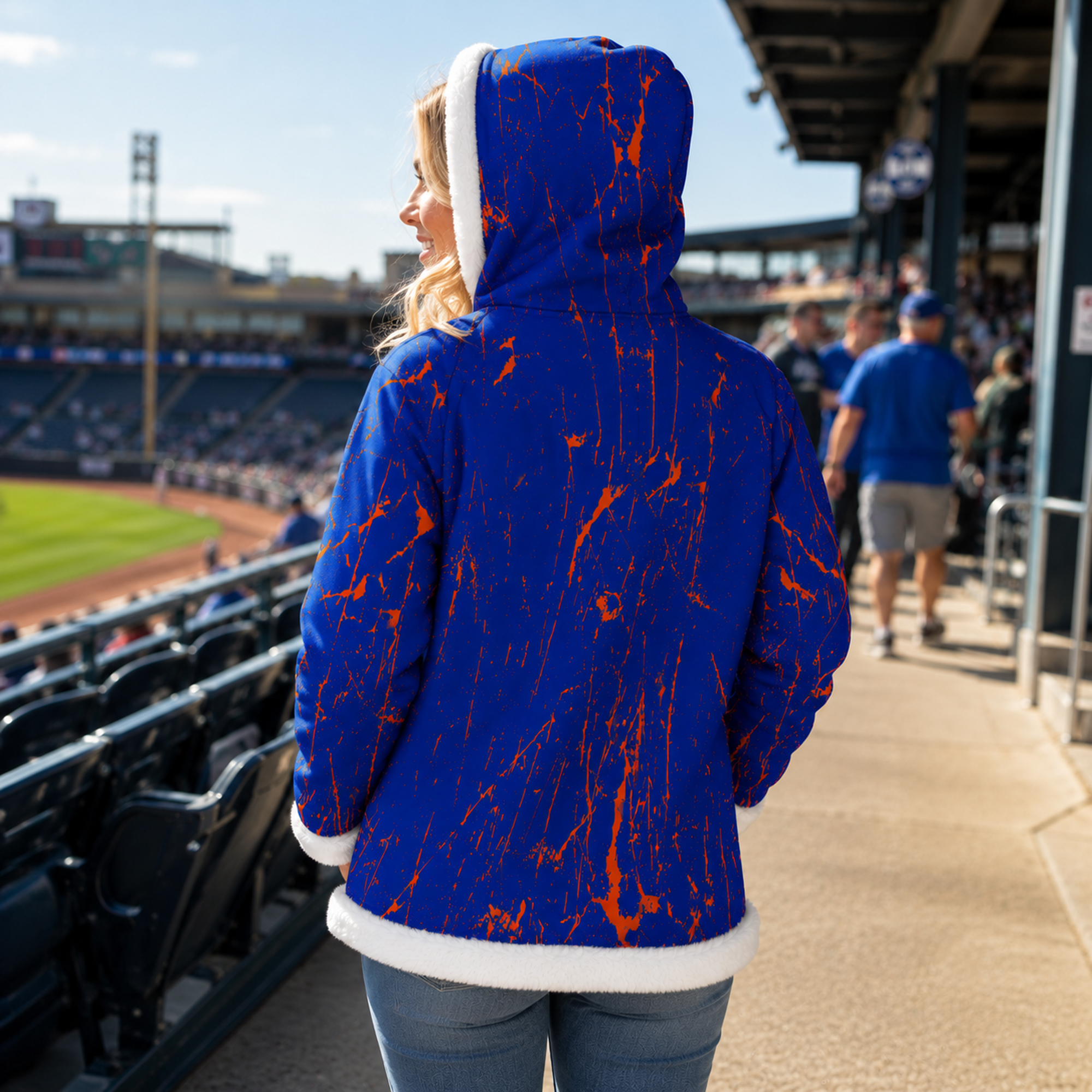 Ninth Inning Studio Blue/Orange Marble Women's Fleece Hoodie with Faux Fur Trim