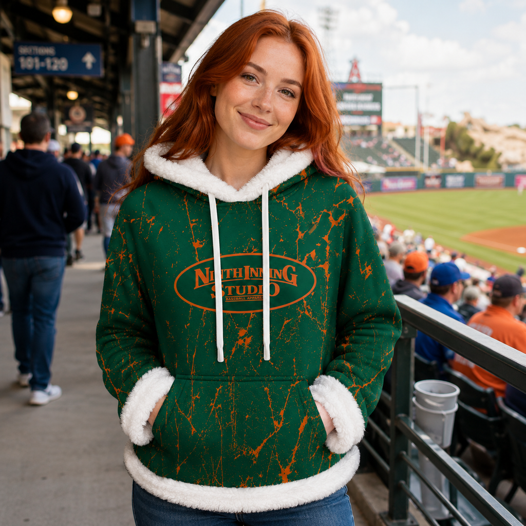 Ninth Inning Studio Green/Orange Women's Fleece Hoodie with Micro-Fleece Trim