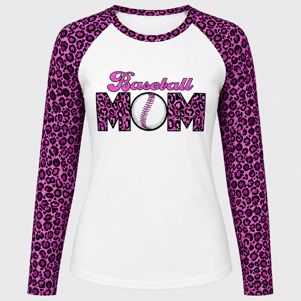 Ninth Inning Studio Women's Baseball Mom UPF Leopard Print Raglan Long Sleeve Tee-Pink