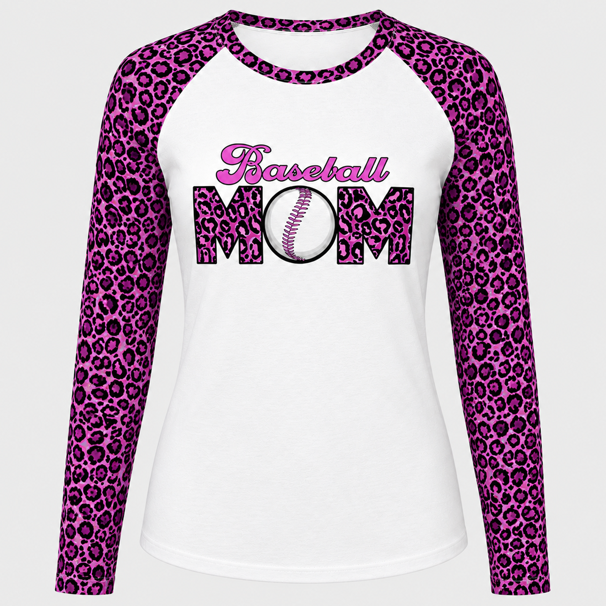 Ninth Inning Studio Women's Baseball Mom UPF Leopard Print Raglan Long Sleeve Tee-Pink