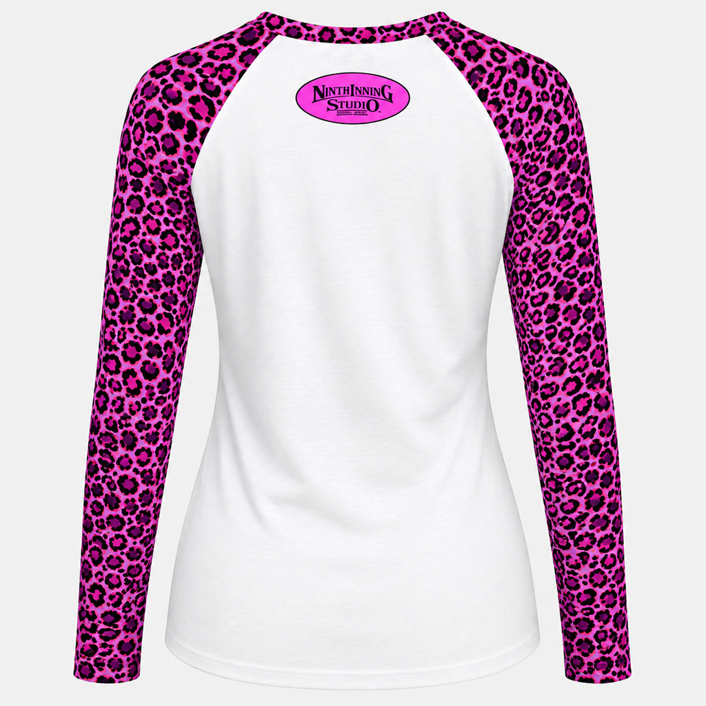 Ninth Inning Studio Women's Baseball Mom UPF Leopard Print Raglan Long Sleeve Tee-Pink