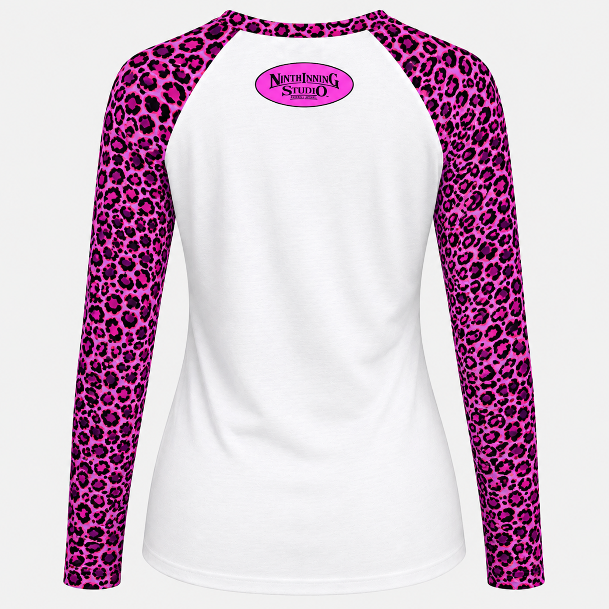 Ninth Inning Studio Women's Baseball Mom UPF Leopard Print Raglan Long Sleeve Tee-Pink