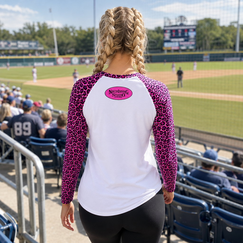 Ninth Inning Studio Women's Baseball Mom UPF Leopard Print Raglan Long Sleeve Tee-Pink