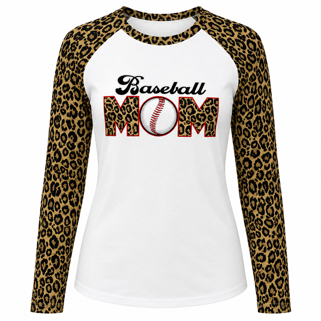 Ninth Inning Studio Women's Baseball Mom UPF Leopard Print Raglan Long Sleeve-Tan
