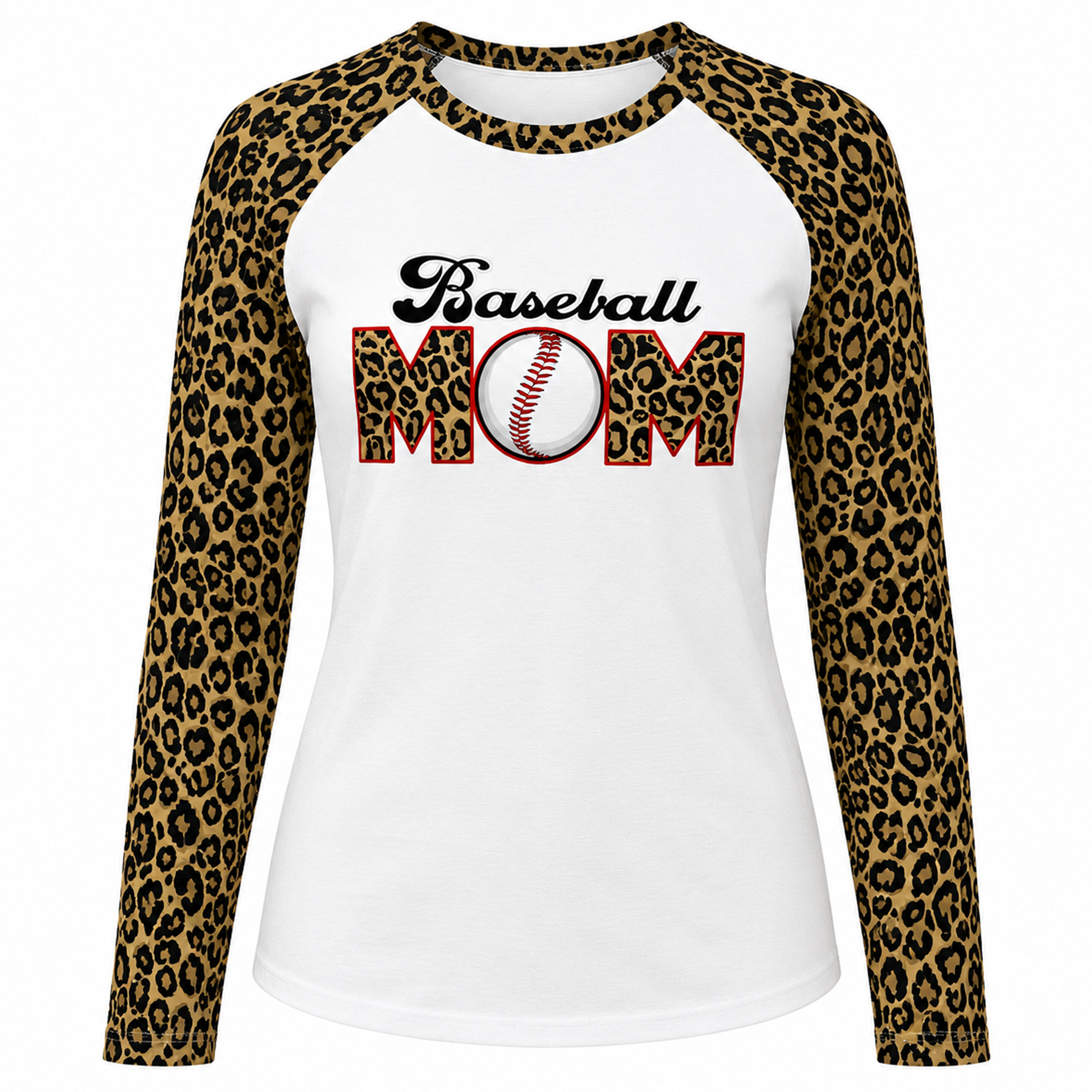Ninth Inning Studio Women's Baseball Mom UPF Leopard Print Raglan Long Sleeve-Tan