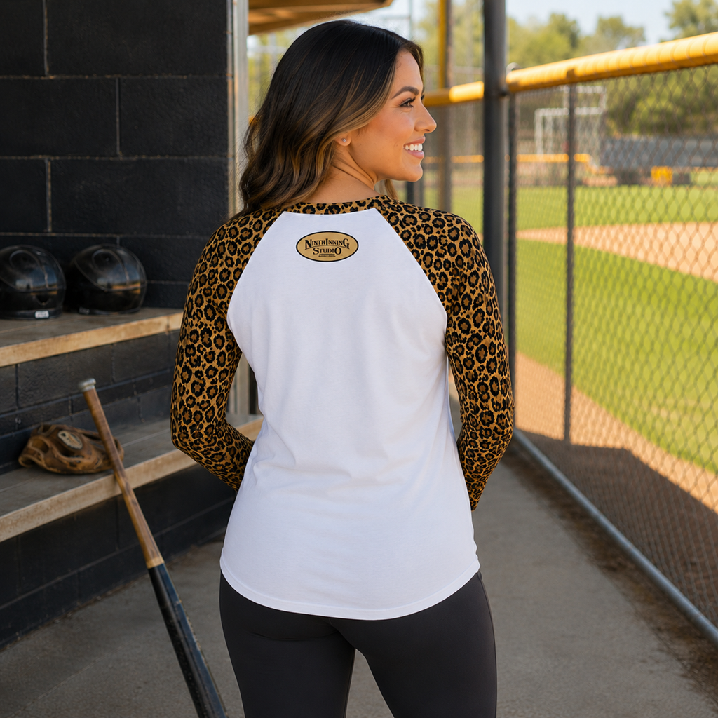 Ninth Inning Studio Women's Baseball Mom UPF Leopard Print Raglan Long Sleeve-Tan