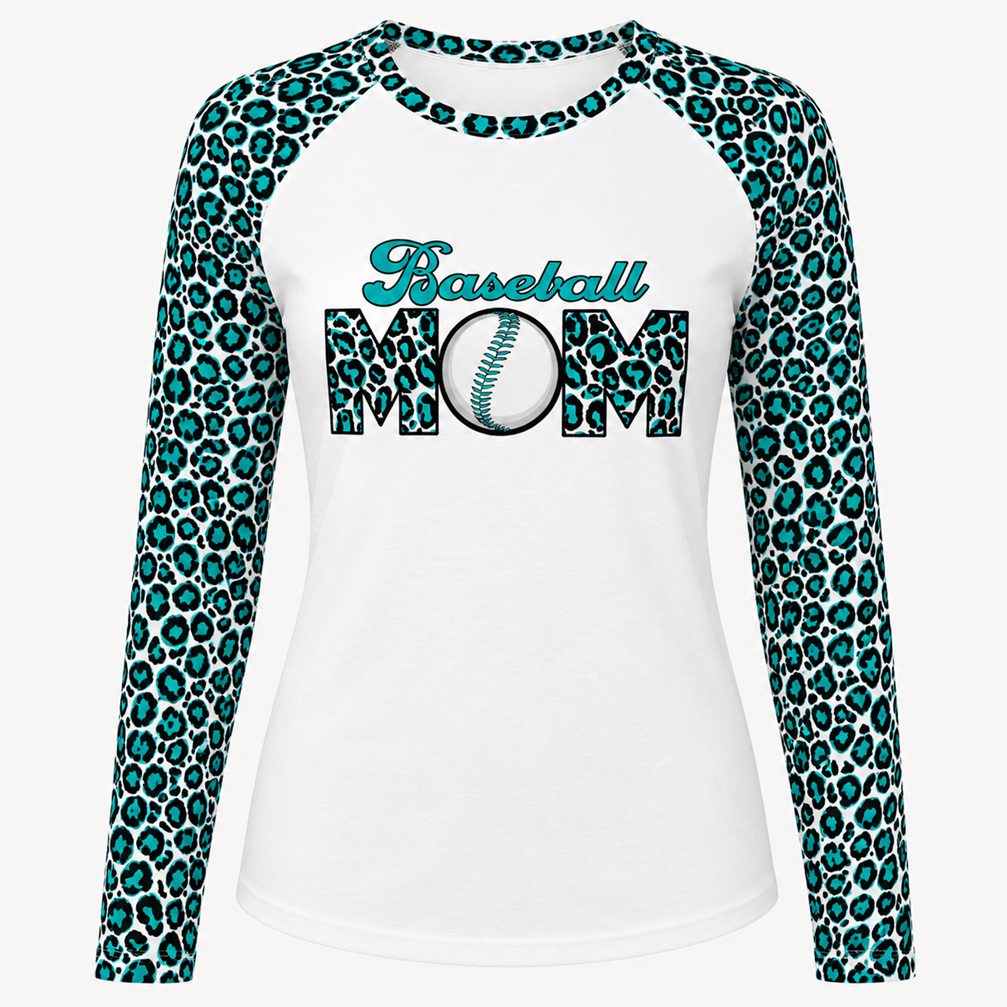 Ninth Inning Studio Women's Baseball Mom UPF Raglan Leopard Print Long Sleeve Tee-Teal