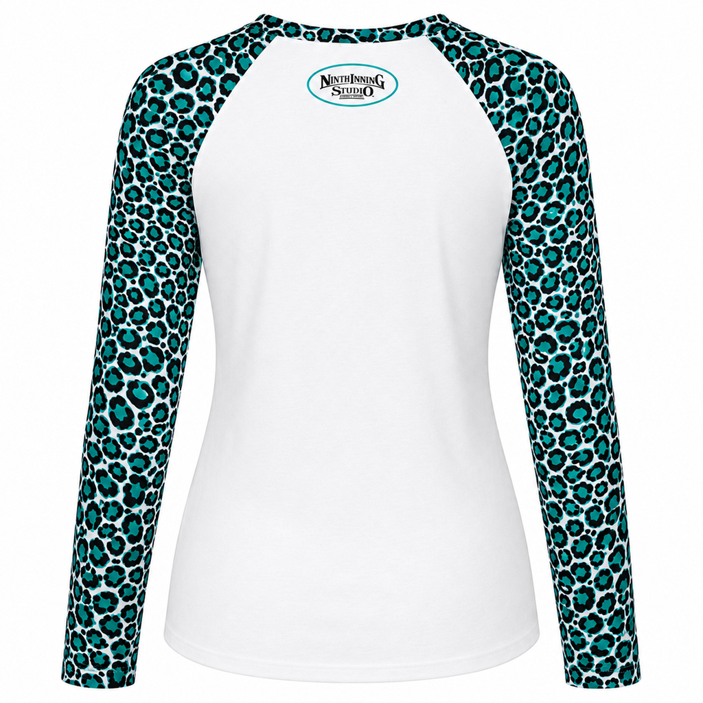 Ninth Inning Studio Women's Baseball Mom UPF Raglan Leopard Print Long Sleeve Tee-Teal