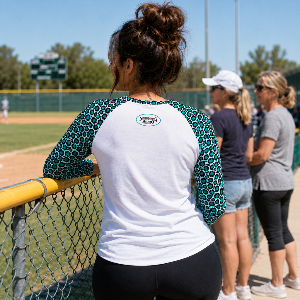 Ninth Inning Studio Women's Baseball Mom UPF Raglan Leopard Print Long Sleeve Tee-Teal