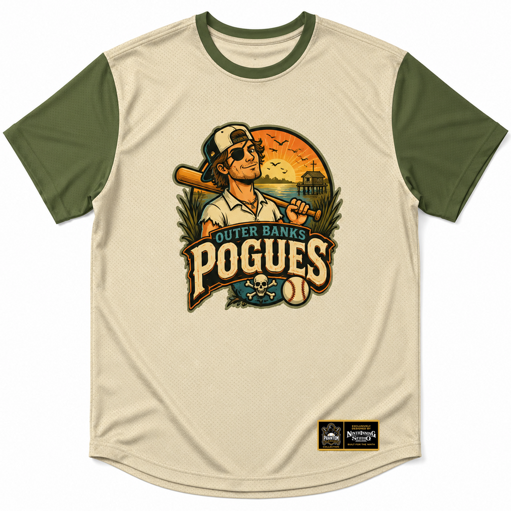 Beige and dark olive-green performance tee with 'Outer Banks Pogues' logo on a white background