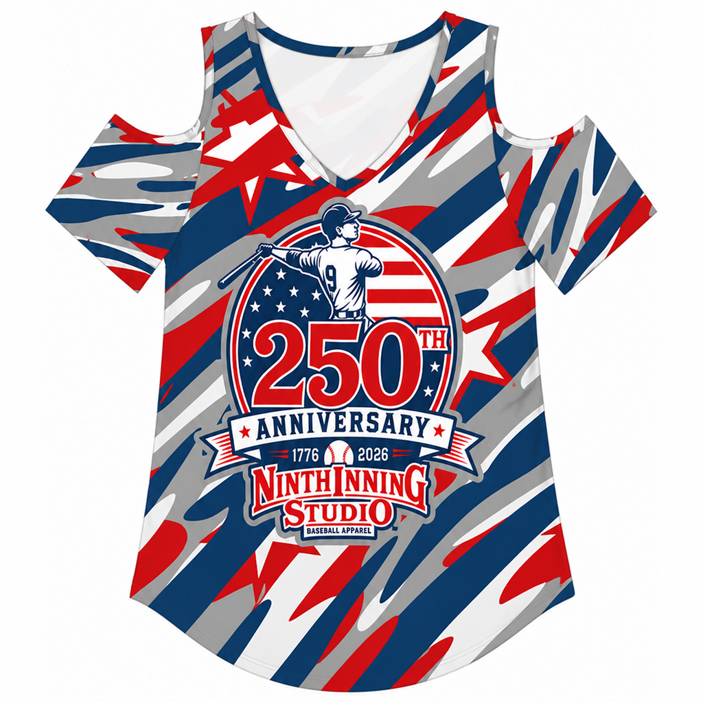 Ninth Inning Studio USA 250th Anniversary Batter Star Camo V-Neck Cold Shoulder Tee