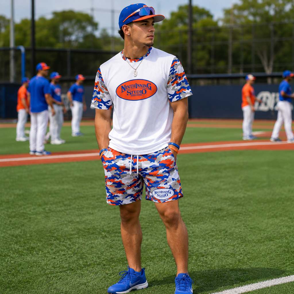 Ninth Inning Studio Blue/Orange Camo Men's Premium Mesh Performance Tee