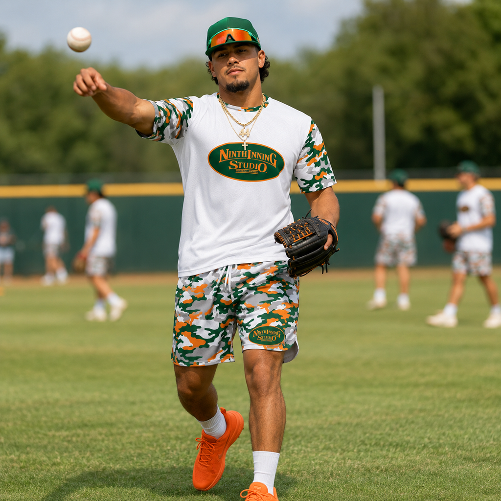 Ninth Inning Studio Green/Orange Camo Men's Premium Mesh Performance Tee