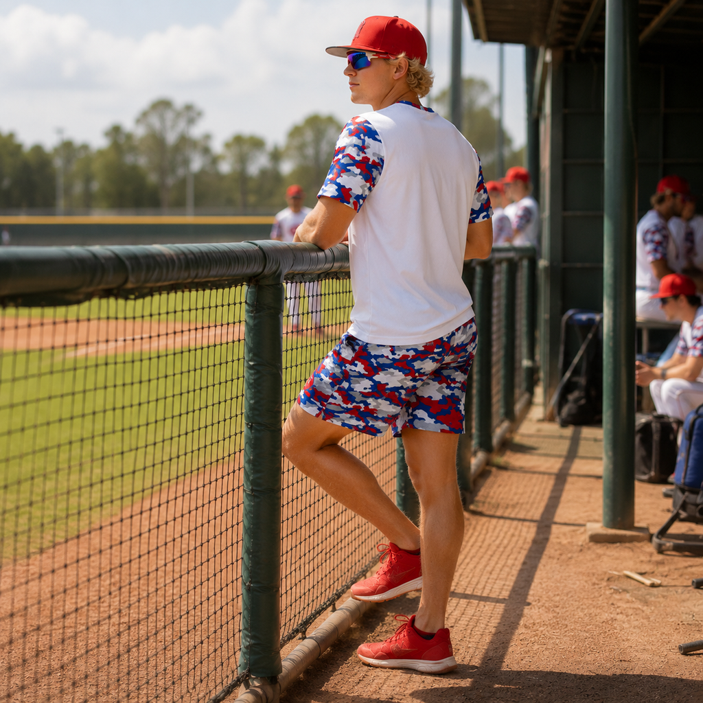 Ninth Inning Studio Red/Blue Camo Men's Premium Mesh Performance Tee