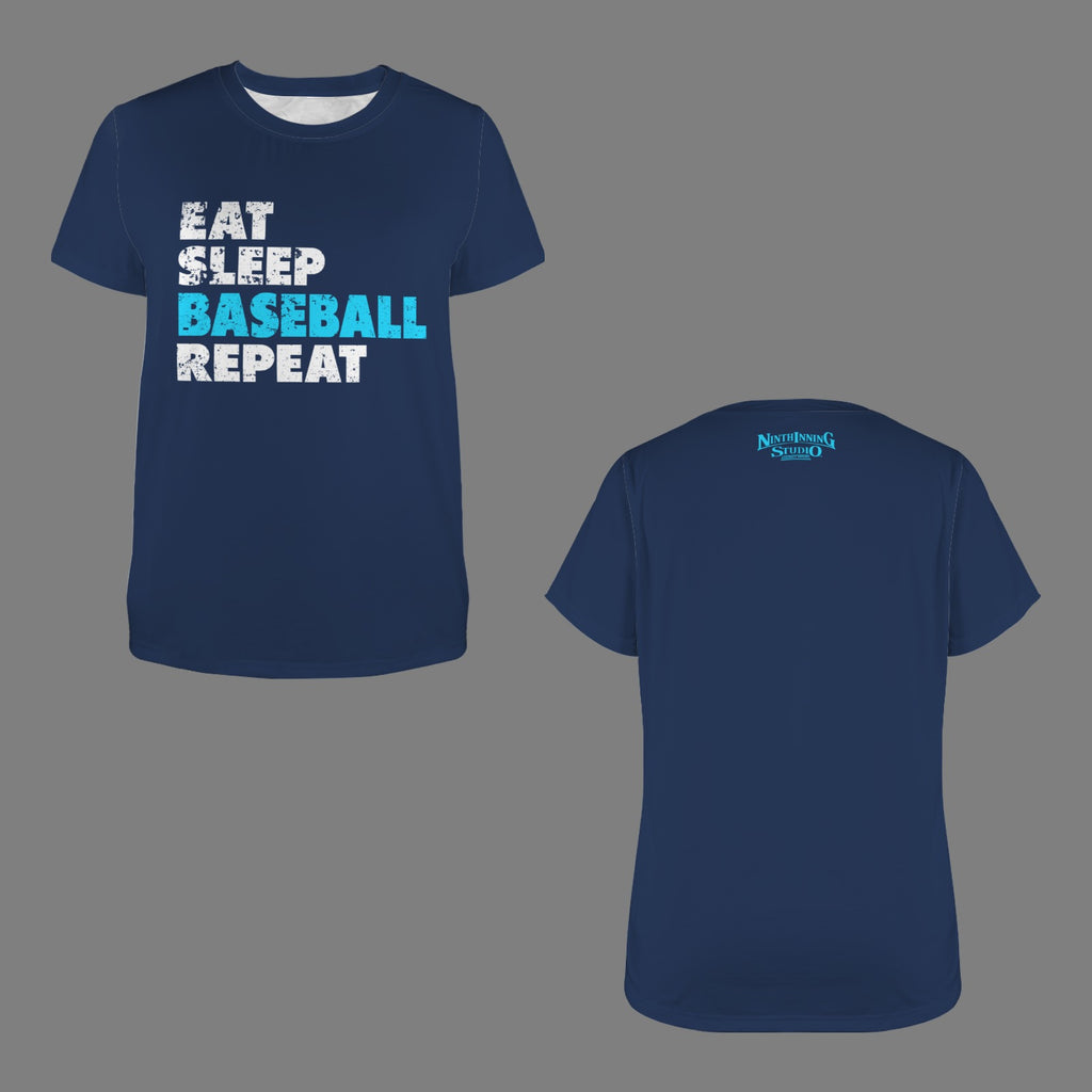 Ninth Inning Studio Eat Sleep Baseball Women's Crewneck Tee-Navy
