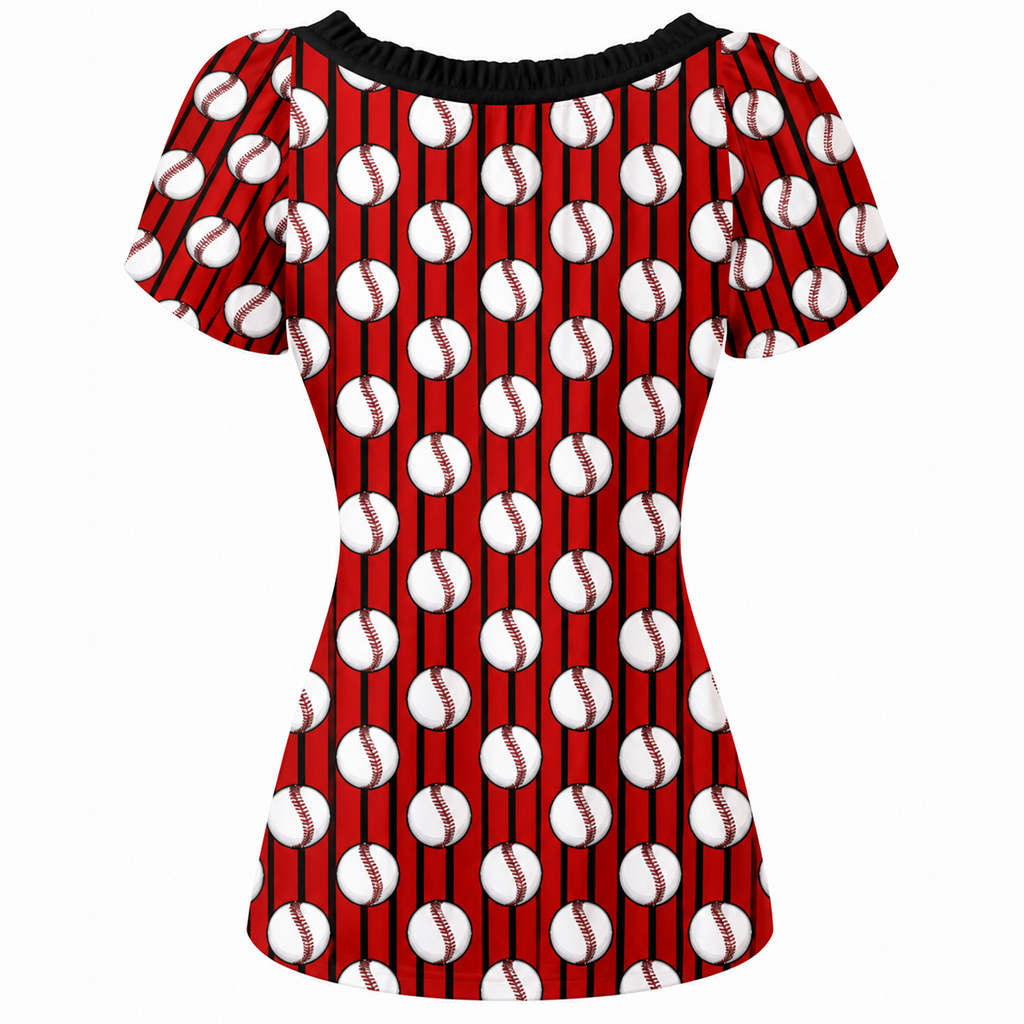 Ninth Inning Studio Baseballs & Pinstripes Women's Puff Sleeve Pleated Blouse