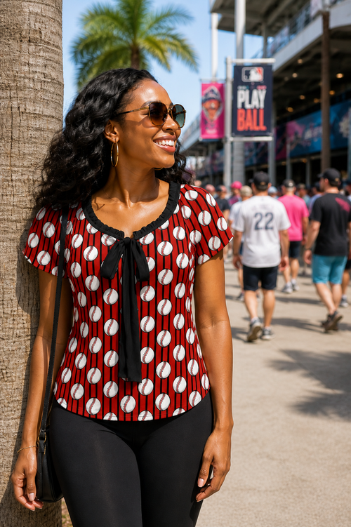 Ninth Inning Studio Baseballs & Pinstripes Women's Puff Sleeve Pleated Blouse