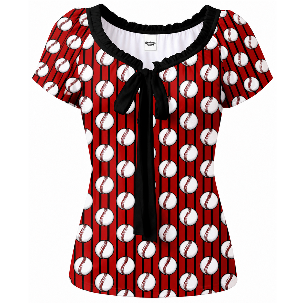 Ninth Inning Studio Baseballs & Pinstripes Women's Puff Sleeve Pleated Blouse
