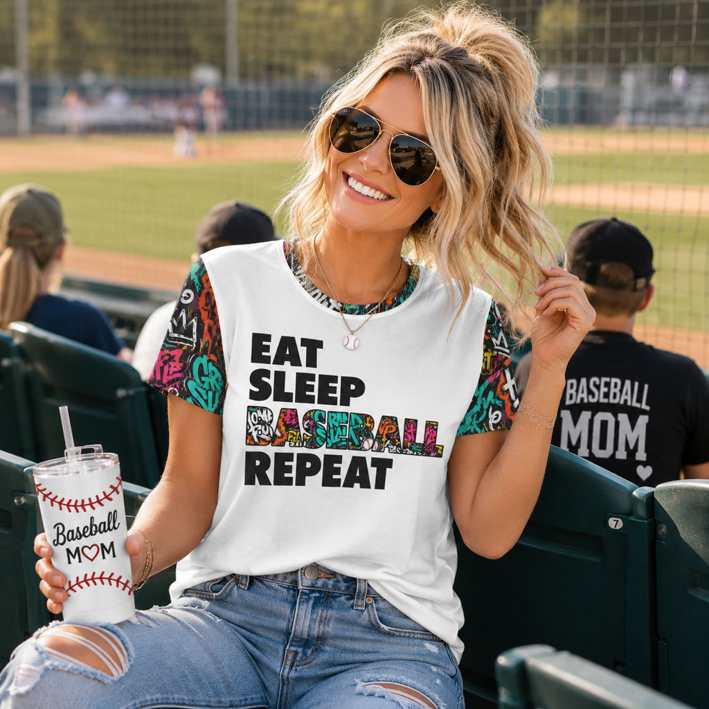 Ninth Inning Studio Eat Sleep Baseball Women's Crewneck Tee-Red-Custom Individualized Women's Crewneck Short Sleeve T Shirts