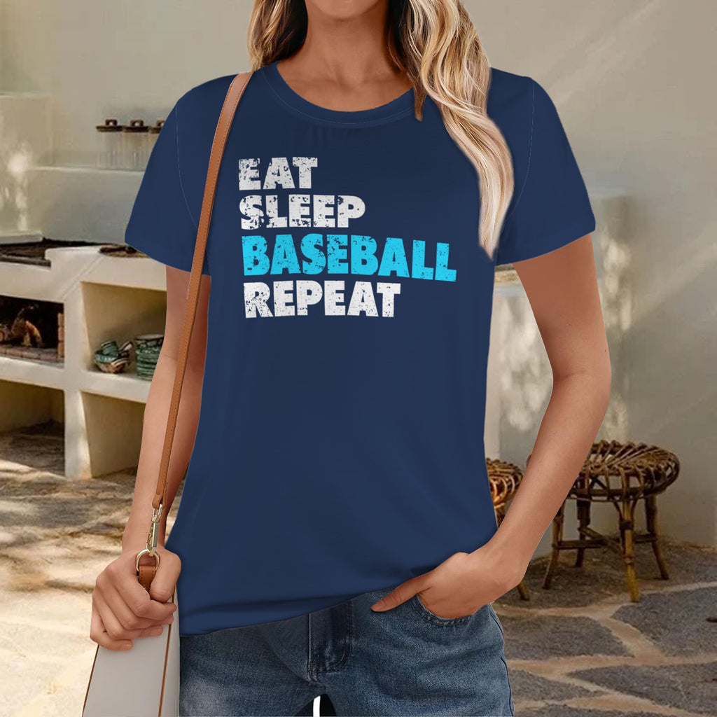 Ninth Inning Studio Eat Sleep Baseball Women's Crewneck Tee-Navy