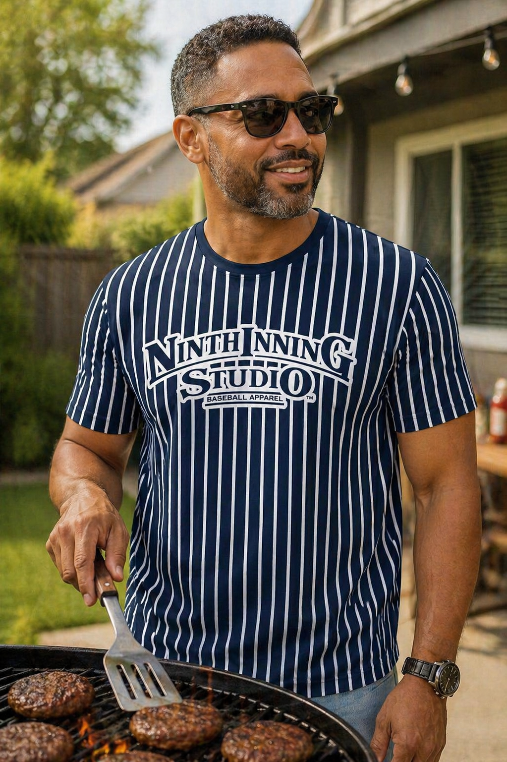 Ninth Inning Studio Logo Men's Premium Performance Tee - Navy/White Pinstripes