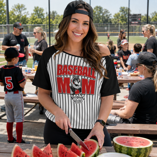 Ninth Inning Studio Baseball Mom Off the Shoulder Tee Black Pinstripes
