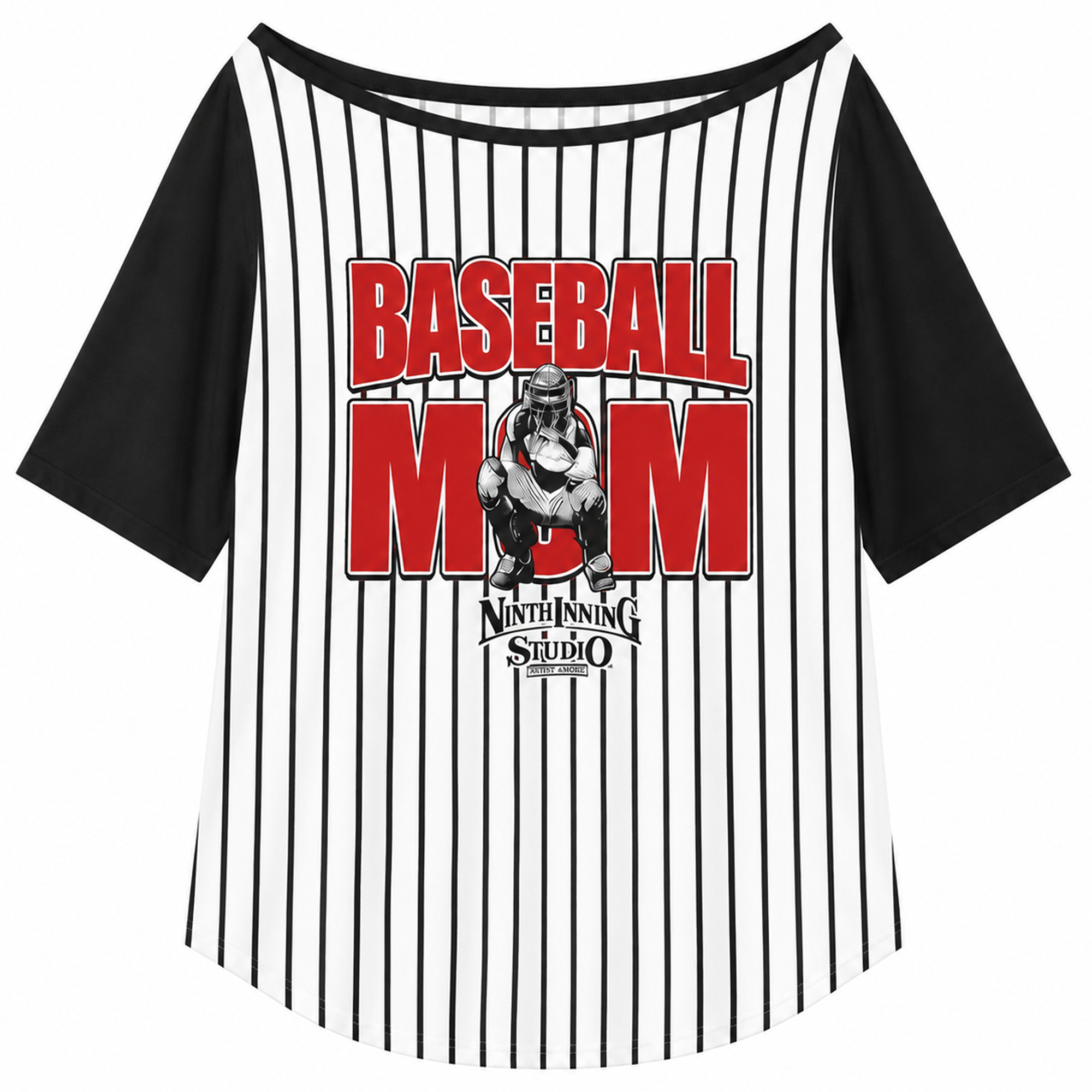 Ninth Inning Studio Baseball Mom Off the Shoulder Tee Black Pinstripes