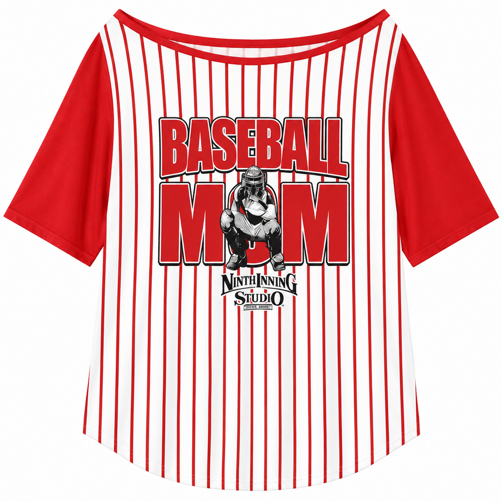 Ninth Inning Studio Baseball Mom-Catcher Women's Off the Shoulder Tee Red-Pinstripes