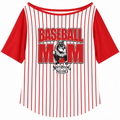 Ninth Inning Studio Baseball Mom-Catcher Women's Off the Shoulder Tee Red-Pinstripes