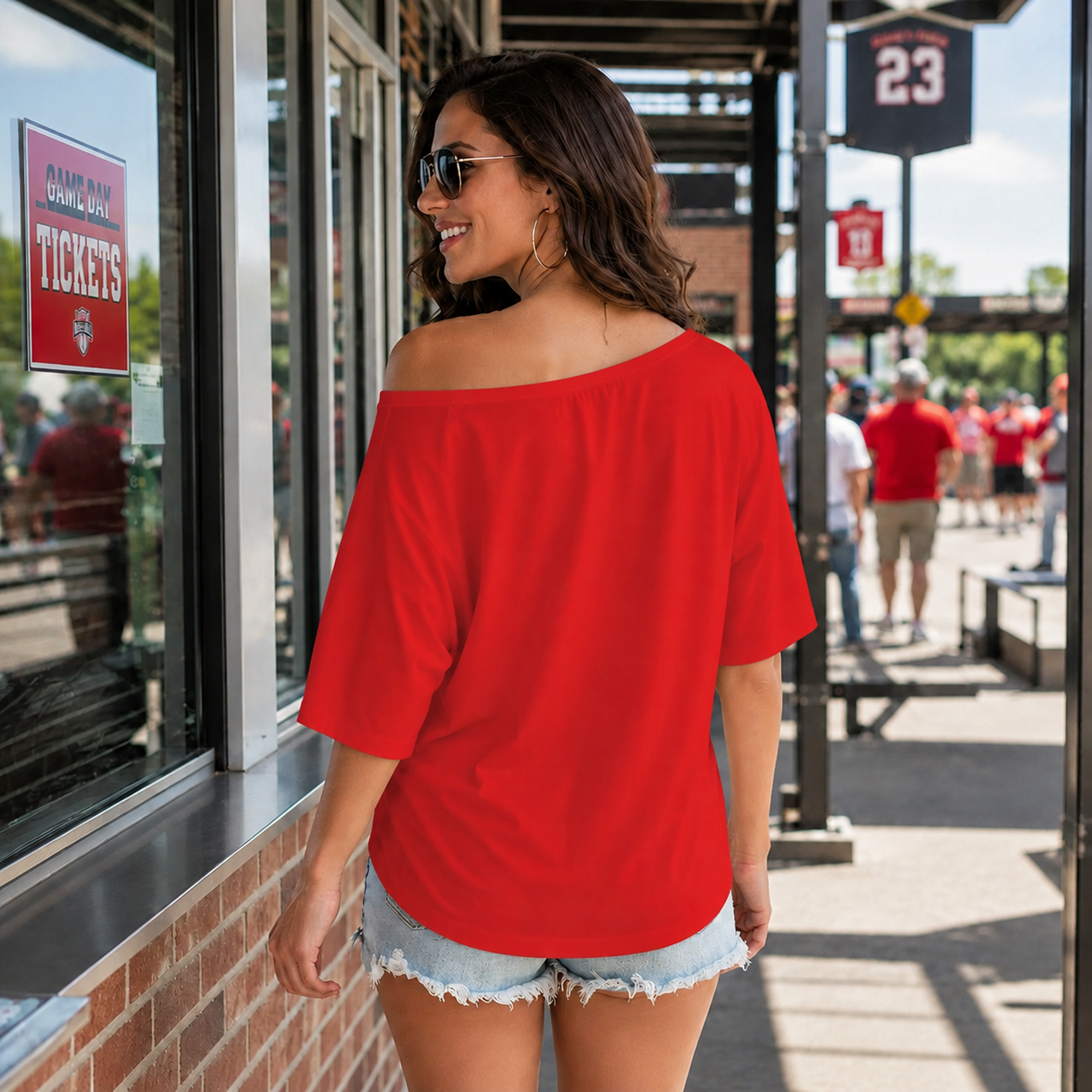 Ninth Inning Studio Baseball Mom-Catcher Women's Off the Shoulder Tee Red-Pinstripes